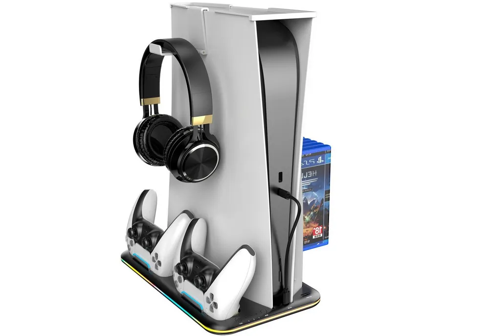 Toomoke PS5 Ständer mit 3 stufig Lüfter und RGB Licht Controller-Ladestation (PS5 Controller Ladestation,PS5 Standfuß für PS5 Disc/Digital Edition Controller Ladestation, mit Headset Halterung und mit 6 Spiele Lagerung)