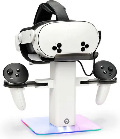 Toomoke Vertikaler RGB-Ladeständer, kompatibel mit Quest 3S/Quest 3 Zubehör Virtual-Reality-Headset (LED-Licht unten und Rutschfester Matte)