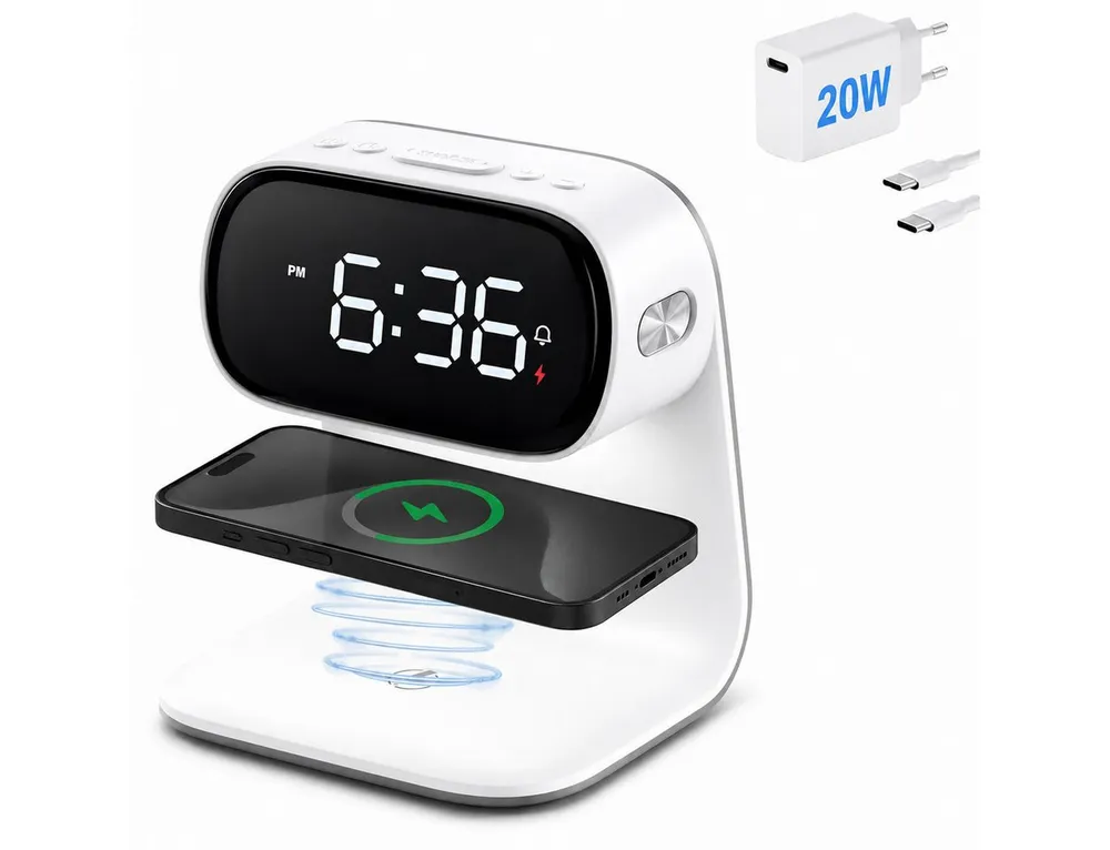 Toomoke Wireless Charger,3 in 1 Induktive Ladestation,Wecker und Nachtlicht Induktions-Ladegerät (für iPhone, Samsung,Apple Watch, AirPods,Other Qi-Certitied iPhone, Digitaluhr,Kabelloses Ladestation,3 Helligkeitsstufen,15W,Weiß)