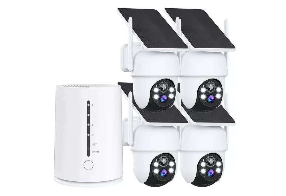 Topcony Überwachungskamera 4MP FHD Überwachungskamera Set Aussen Solar/Akku mit Basisstation (Innenbereich, Außenbereich, 100% Kabellos Eingebettetes Solarpanel,Kinderleichte Installation, 360° Schwenkbar, Farbige Nachtsicht mit Flutlicht, 4CH Basisstation mit 4X kabellosen Dome Kameras)