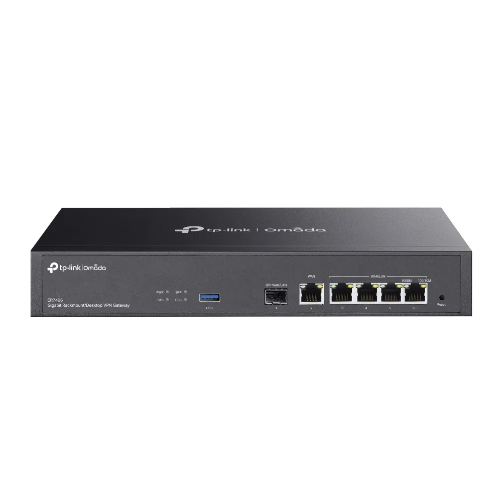 TP-Link ER7406 Gigabit-Ethernet-Router, 1000 Mbit/s, VPN, 6 Ports, Sicherheit, Rackmontage