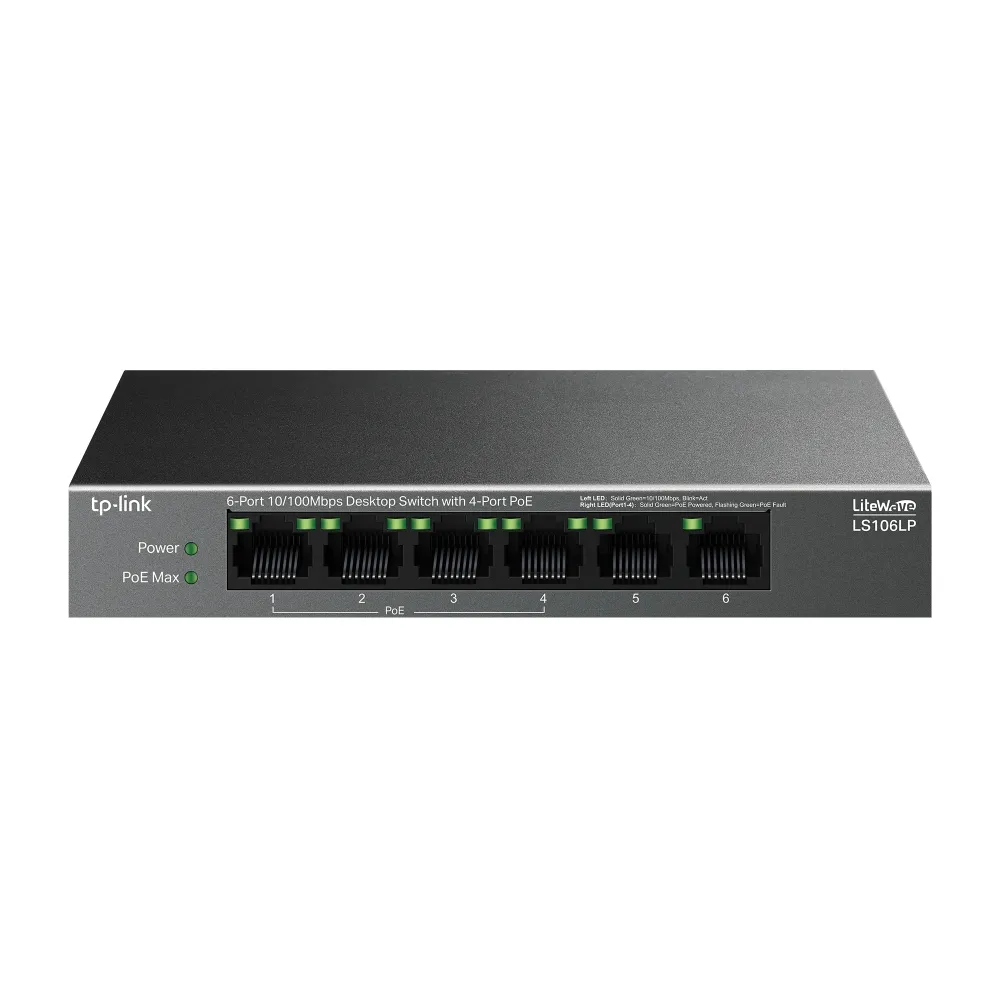 TP-Link 6-Port Fast Ethernet Switch mit 4 PoE-Ports, 47,76 W lüfterloses QoS, Wandmontage