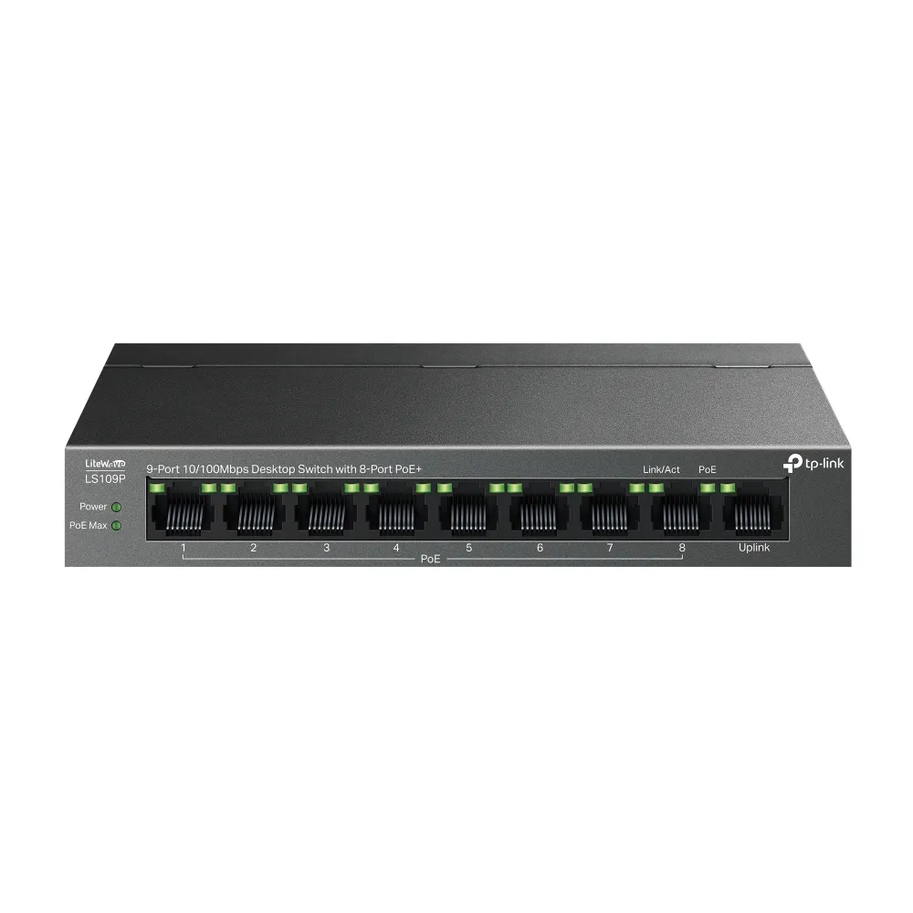 TP-Link 9-Port Fast Ethernet Switch 8 PoE+ 73,24 W Lüfterlos QoS Wand