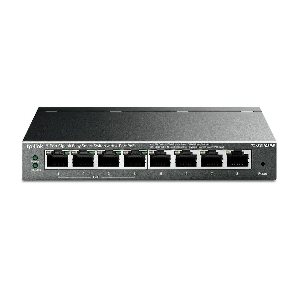 tp-link TL-SG108PE 8-Port-Gigabit-Smart-Switch 4 PoE Netzwerk-Switch (bis zu 15,4W, RJ45-Ports, Schwarz)