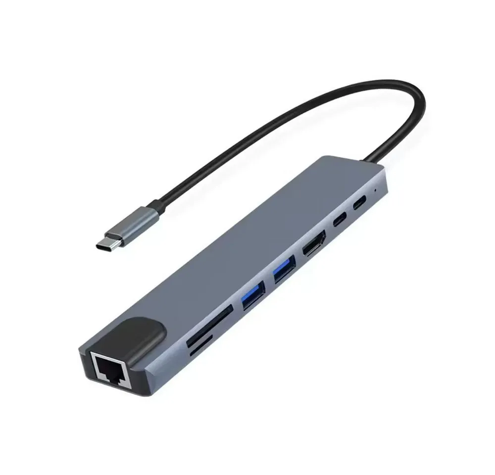 TradeNation Laptop-Dockingstation USB-C Hub 8-IN-1 Adapter HDMI USB 3.0 LAN Ethernet SD Kartenleser, (USB C Adapter, 1 St., USB C Dockingstation), 4K RJ45 Micro