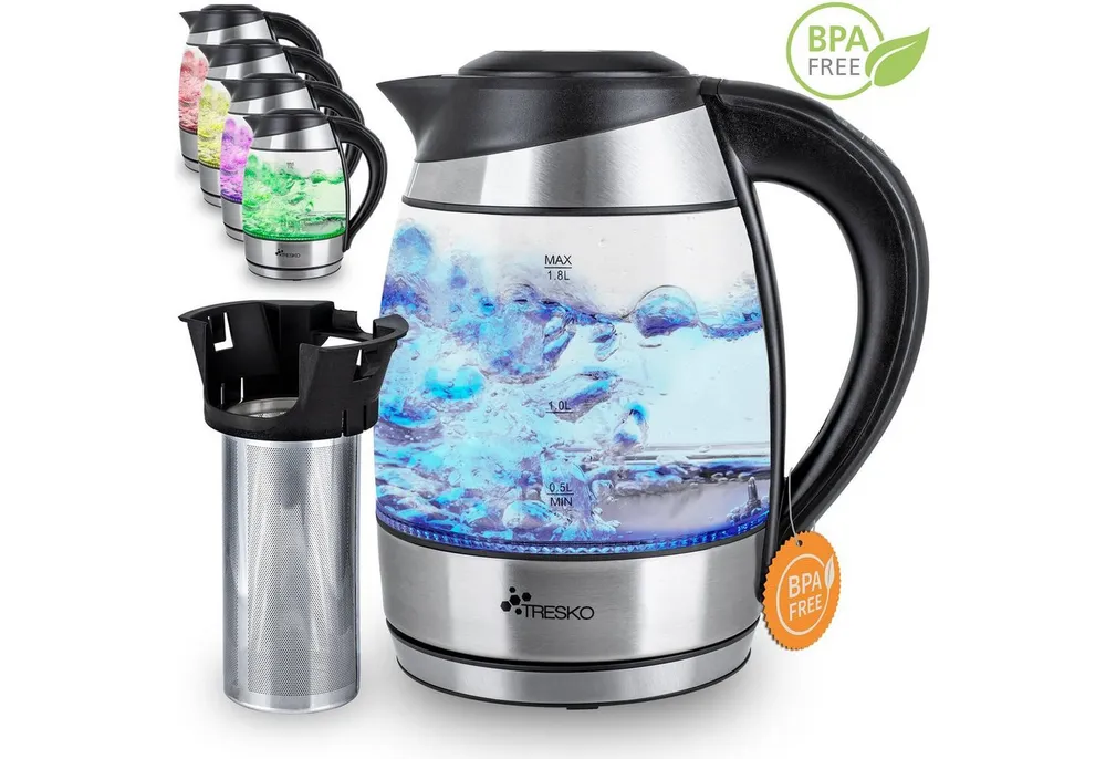 TRESKO Wasserkocher 1,8 l 2200 W Edelstahl aus Glas mit Teesieb und Kalkfilter, 1,8 l, 2200 W, Teekocher