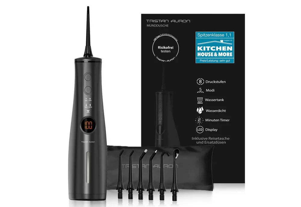 Tristan Auron Munddusche mit 6 Ersatzdüsen und Reisetasche ProJet Water Flosser, Aufsätze: 6 St., 5 Modi,300ml Tank,8 Stufen,LCD,2min Timer,Spezialdüsen,Wasserdicht