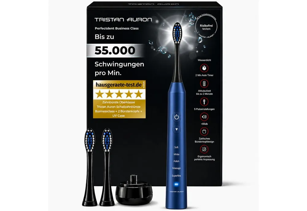 Tristan Auron Schallzahnbürste Elektrische Zahnbürste 55.000 VPM 5 Modi 60 Tage Akku IPX7 2 Min Timer, Aufsteckbürsten: 2 St., 2xBürstenköpfe, 1xelektrische Zahnbürste, 1x Ladestation, Sehr leise