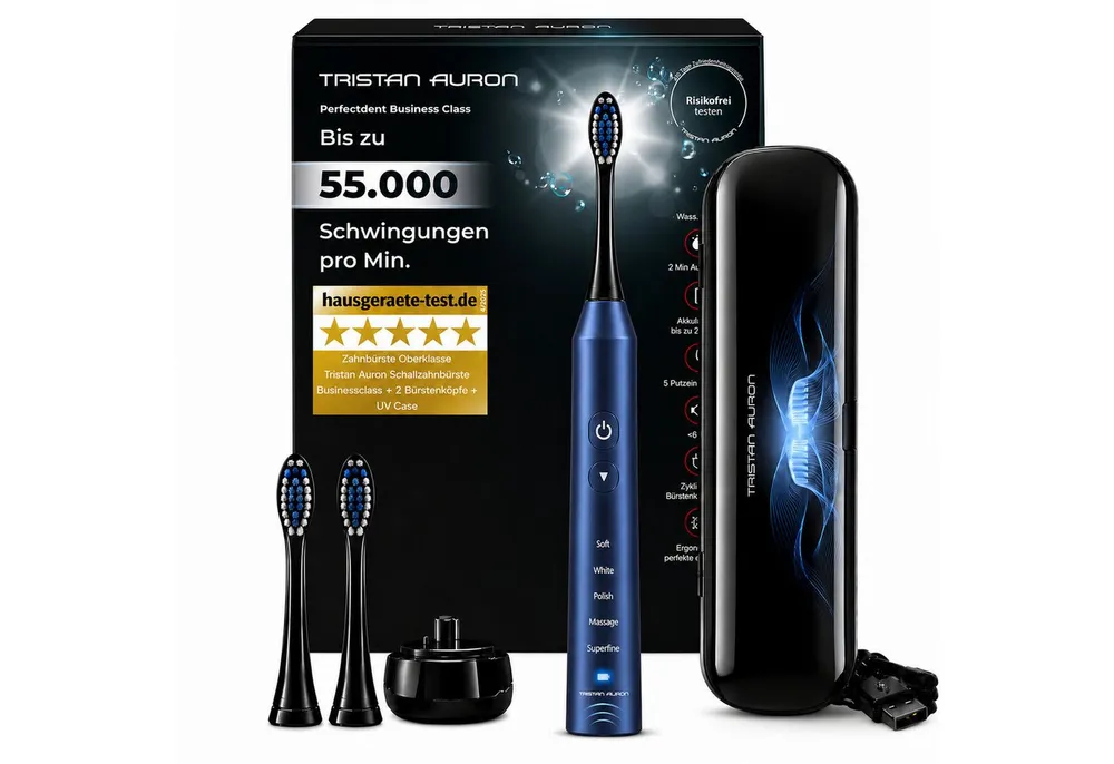 Tristan Auron Schallzahnbürste Elektrische Zahnbürste UV Case 55.000 VPM 2 Min Timer 60 Tage Akku, Aufsteckbürsten: 2 St., UV Reinigungsgerät, 5 Modis, extrem leise