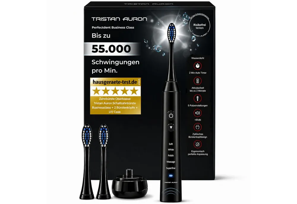 Tristan Auron Schallzahnbürste Elektrische Zahnbürste 55.000 VPM 5 Modi 60 Tage Akku IPX7 2 Min Timer, Aufsteckbürsten: 2 St., 2xBürstenköpfe, 1xelektrische Zahnbürste, 1x Ladestation, Sehr leise