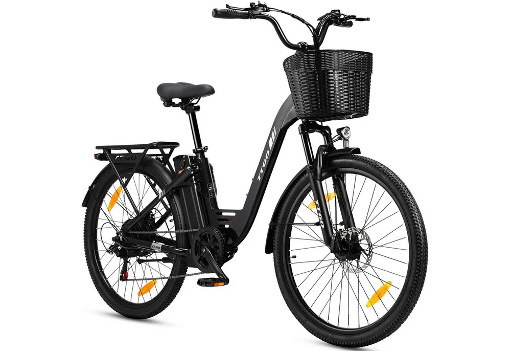 TTGO E-Bike Cityrad 26/28 Zoll, 80-120km, C2/C3, Elektrofahrrad für Damen und Herren, 7 Gang SHIMANO, Kettenschaltung, Heckmotor, 648 Wh, (Pedelec, bis zu 125kg, für ca. 160–185cm, 5 Stufen), Farbdisplay, Frontkorb, Gepäckträger, Elektrofahrrad für Damen Herren