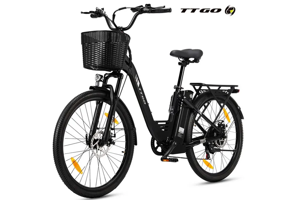 TTGO E-Bike Cityrad 26 Zoll, 52Nm Hinterradmotor, 120km, Federgabel und Federsattelstütze, 7 Gang SHIMANO, Kettenschaltung, Heckmotor, 650 Wh, (5 Stufen, Pedelec, bis zu 125kg, für ca. 160–185 cm), Farbdisplay, Frontkorb, Gepäckträger, Elektrofahrrad für Damen Herren