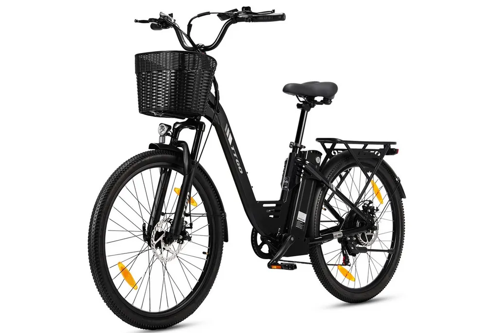 TTGO E-Bike Cityrad 26 Zoll Elektrofahrrad, 80-120km, Federgabel und Federsattelstütze, 7 Gang SHIMANO, Kettenschaltung, Heckmotor, 650 Wh, (bis zu 125kg, für ca. 160–185cm), 5 Stufen, Farbdisplay, Frontkorb, Gepäckträger, für Damen Herren