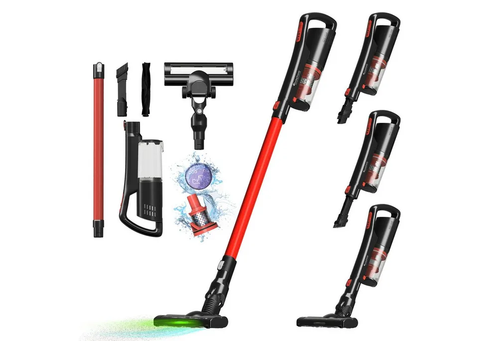 TurboTronic by Z-Line Akku-Hand-und Stielstaubsauger 120 Watt 11 kpA mit LASER-LED für Tiefenreinigung kabellos, beutellos, 120 W, beutellos, leise < 80 db, Bodensauger für Teppich & Hartboden, Stabstaubsauger