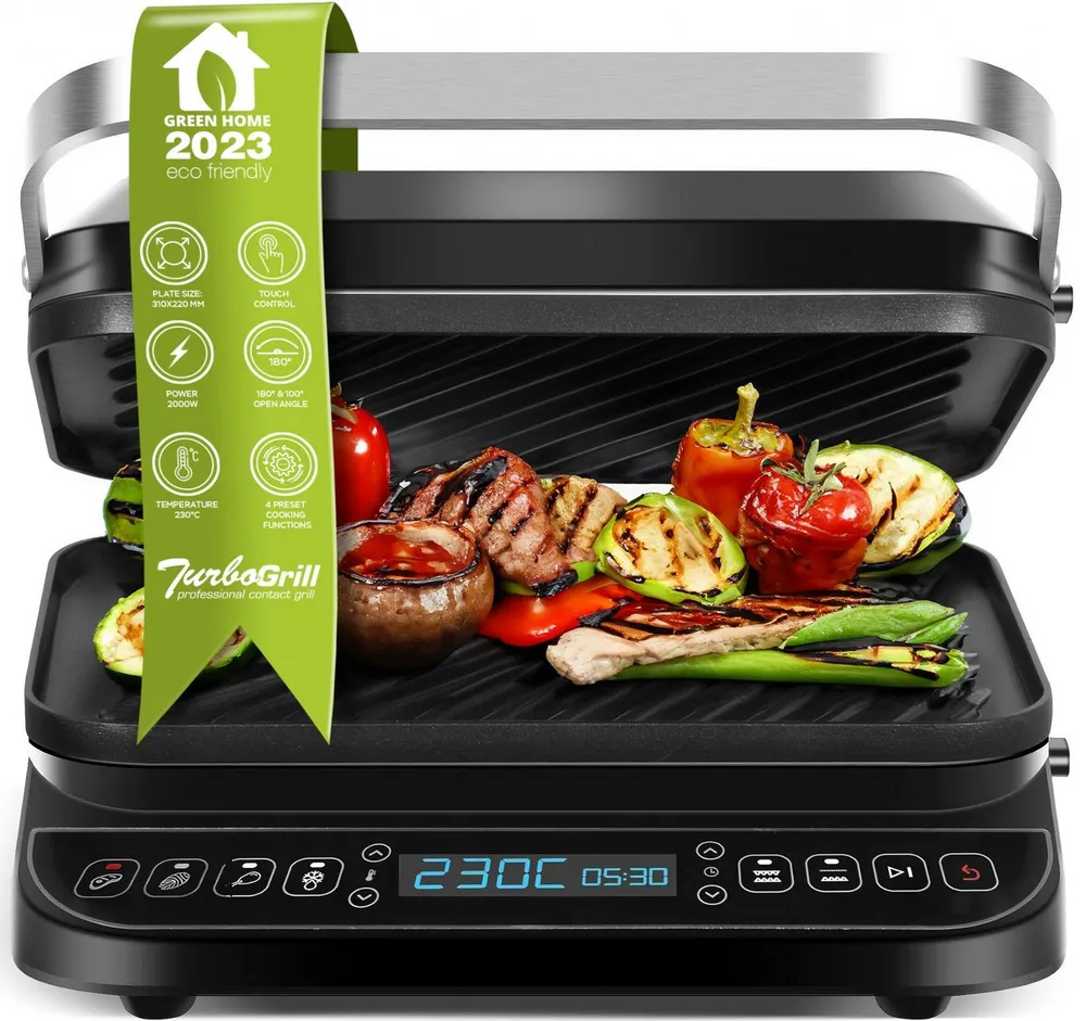 TurboTronic by Z-Line Elektrogrill 2000 W digitaler Kontaktgrill mit LCD, abnehmbaren Platten, 180 Grad, 2000 W, Sandwichmaker, bis 230 Grad, Tischgrill, Paninimaker, Sandwichmaker