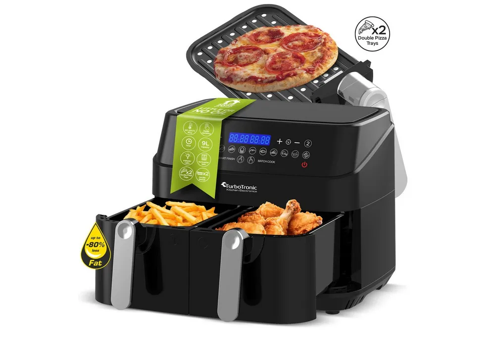 TurboTronic by Z-Line Heißluftfritteuse XL Doppelkammer 12in1 Dual Airfryer 2x 0,5 kg 200°C Power Pizza Grill, 1600 W, gesundes kochen Fritteuse ohne Fett digital Friteuse Camping