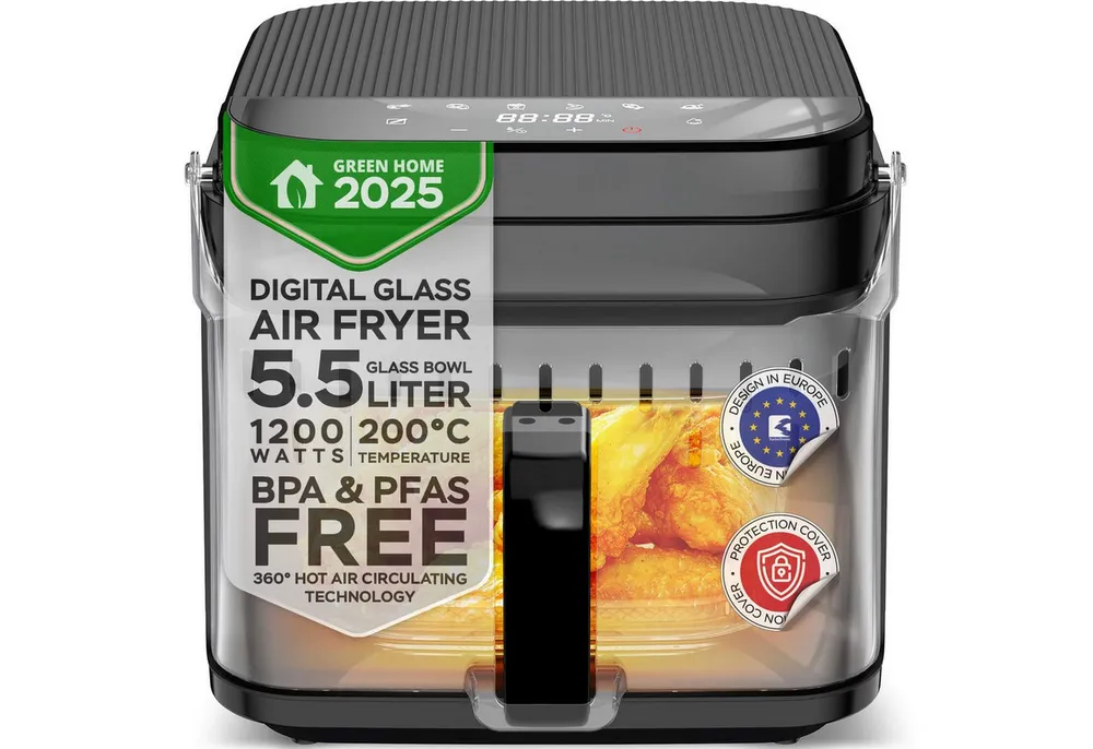 TurboTronic by Z-Line Heißluftfritteuse Glas Airfryer 40–200 °C Heißluftofen 8 Programme ohne Fett Fry & Grill, 1200 W, Dörren Heißluft Fritteuse Power Fettarm Air Fryer BPA-frei