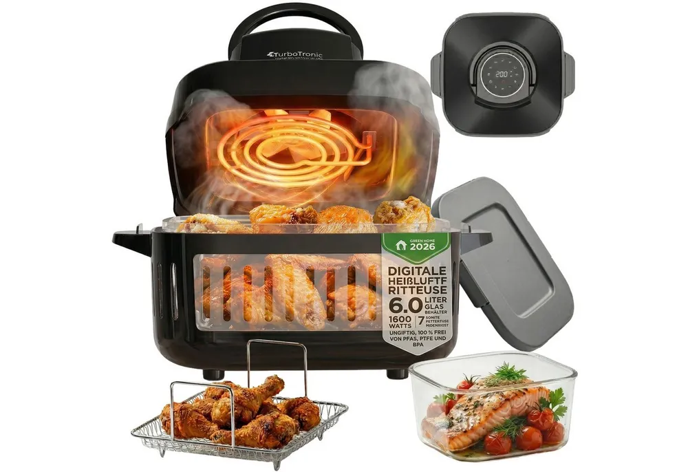 TurboTronic by Z-Line Heißluftfritteuse 1600 W Glas digitaler Airfryer Heißluftofen BPA-frei gesund kochen, 1600 W, 360 Grad Rapid Air, thermoschockfestes Glas und Timer bis 60 Min.