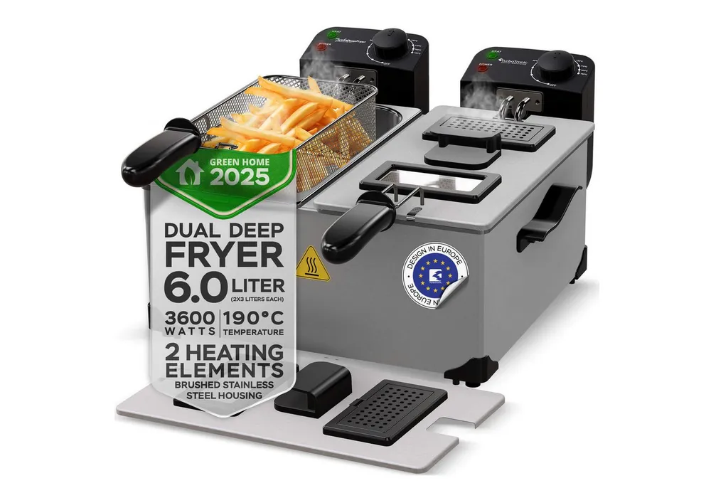 TurboTronic by Z-Line Kaltzonenfritteuse Doppel 3600W 6L 2x3L Kaltzone Edelstahl 0-190°C Sichtfenster, 3600 W, 2 getrennte Thermostate je 1kg Pommes pro Korb spülmaschinenfest Profi