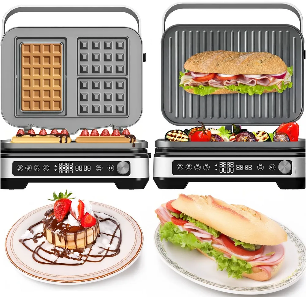 TurboTronic by Z-Line Kontaktgrill 2000 W Kontaktgrill mit Waffeleisen, Wechselplatten, LED und 180 Grad, 2000 W, Sandwichmaker, Paninimaker, Tischgrill, 4 Programme, getrennte Hitze
