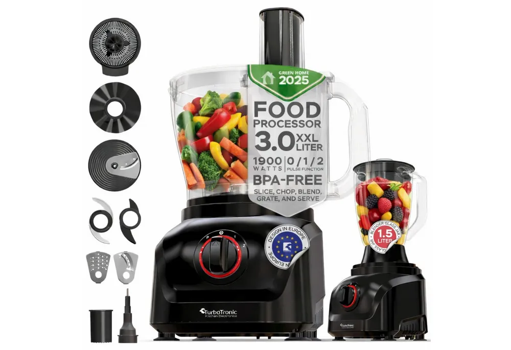 TurboTronic by Z-Line Küchenmaschine Food Processor mit Standmixer 1,5L Glaskaraffe Multizerkleinerer Mixer, 1900 W, 3 l Schüssel, Raspelscheiben Zitruspresse Zerkleinerer Eiscrusher Power
