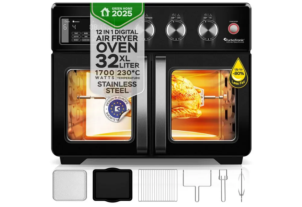TurboTronic by Z-Line Minibackofen 1700 W, 32 l Mini Backofen mit Airfryer, Umluft, Drehspieß, Pizzaofen, Tischbackofen, kleiner Backofen, Heißluftfritteuse, Toaster, Dörrer