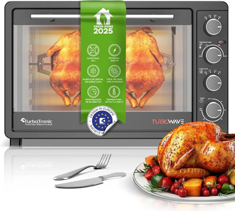 TurboTronic by Z-Line Minibackofen 2000 W 45 l Mini Backofen mit Umluft Drehspieß Grill Pizzaofen Timer, Tischbackofen, kleiner Backofen, Mini Ofen, freistehend, Grillofen XXL