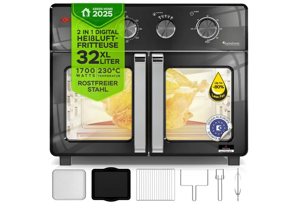 TurboTronic by Z-Line Minibackofen Digitaler Heißluftofen XXL 32L mit Drehspieß, Umluft & 1700W, 4in1 Airfryer Mini Backofen Grill Toaster 80–230°C RapidAir