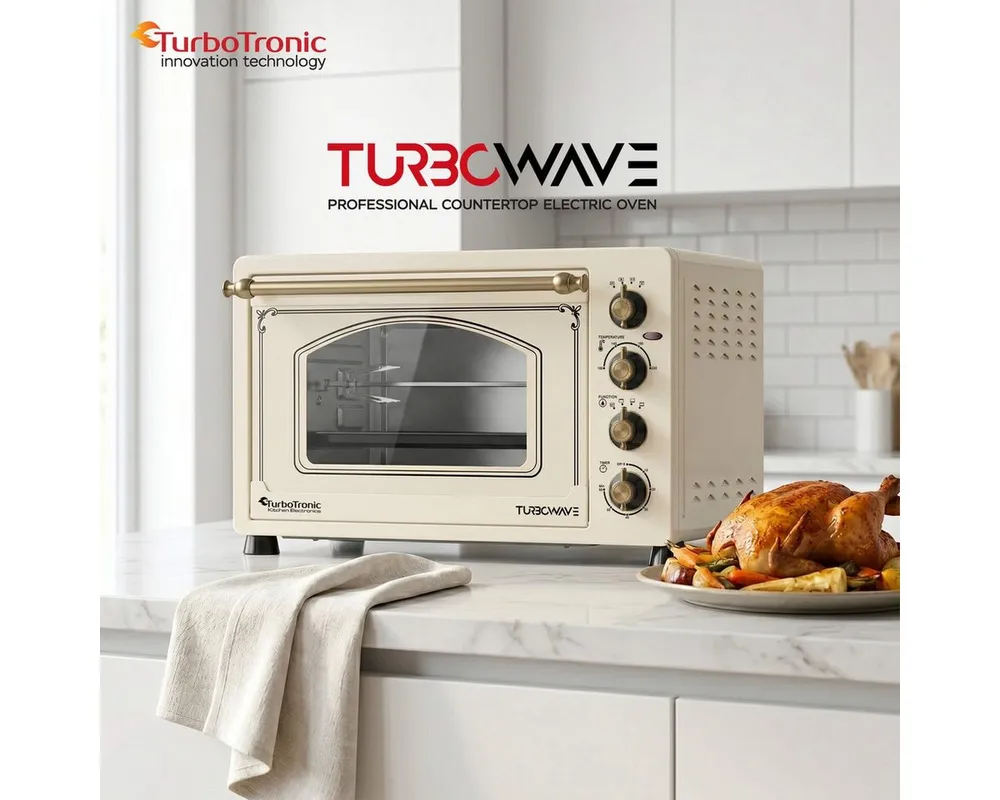 TurboTronic by Z-Line Minibackofen 2000 W 45 l Mini Backofen Retro mit Umluft Drehspieß Grill Pizzaofen, Tischbackofen, kleiner Backofen, Mini Ofen, freistehend, Retro Design