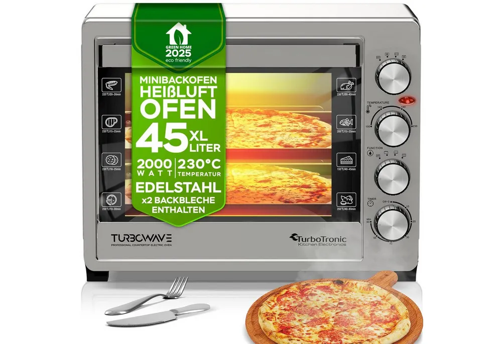 TurboTronic by Z-Line Minibackofen 2000 W 45 l Mini Backofen mit Umluft Drehspieß Grill und Pizzaofen, Tischbackofen mit Umluft, kleiner Backofen, Mini Ofen, freistehend