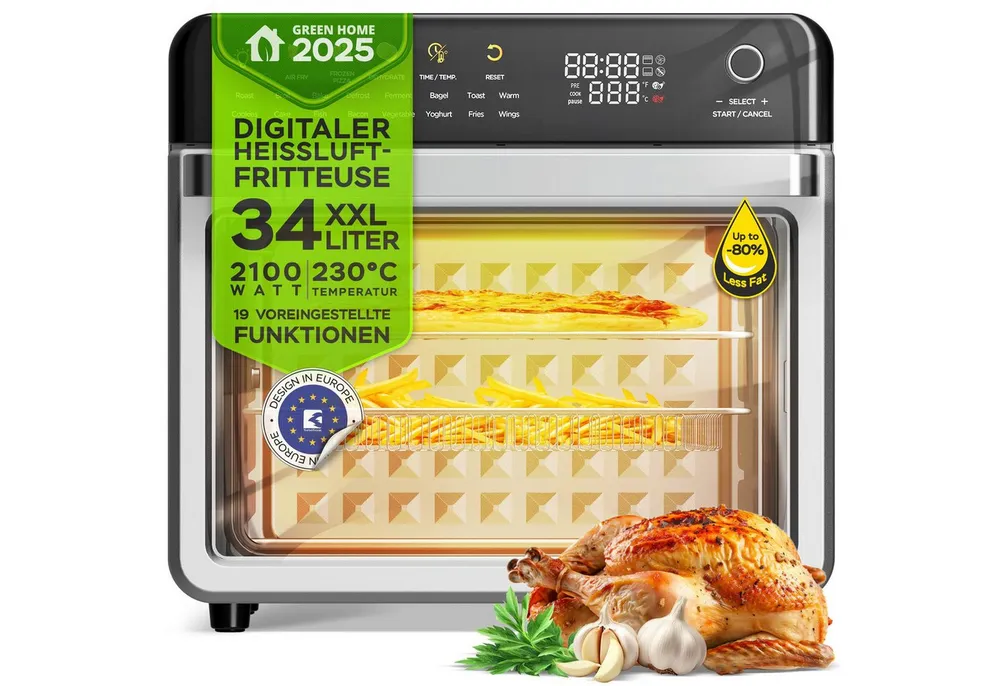 TurboTronic by Z-Line Minibackofen 2100 W 19 in 1 Heißluftofen 34 l Airfryer Mini Backofen und Dörrer, 40-230 Grad, LED Touchpanel, Rapid Air, Doppelglastür, 6 Heizelemente