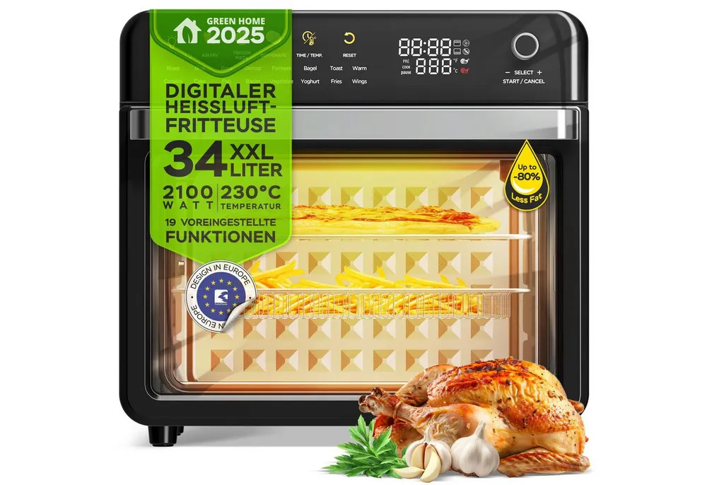 TurboTronic by Z-Line Minibackofen 2100 W 34 l Mini Backofen mit Airfryer Umluft Grill Pizzaofen Dörrer, 40-230 Grad, LED Touchpanel, Rapid Air, Doppelglastür, 6 Heizelemente