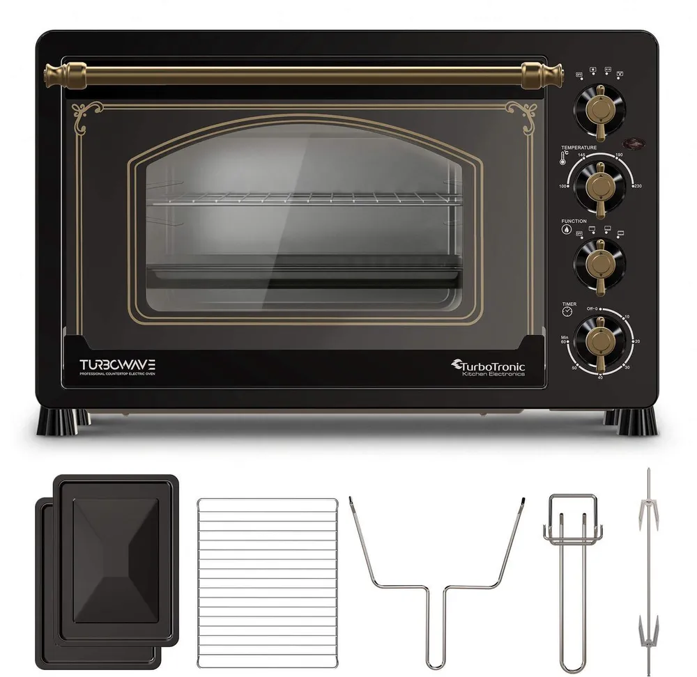 TurboTronic by Z-Line Minibackofen 2000 W 45 l Mini Backofen Retro mit Umluft Drehspieß Grill Pizzaofen, Retro-Design, Umluftfunktion, Drehspieß