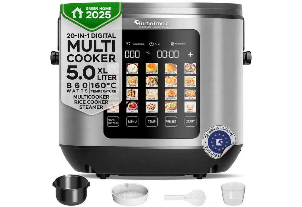 TurboTronic by Z-Line Multikocher elektrischer Dampf- und Schongarer Reiskocher Slow Cooker Silber, 860 W, 5 l Schüssel, 20in1 Schnellkochtopf perfekter Reis 5l Topf Keramikbeschichtung