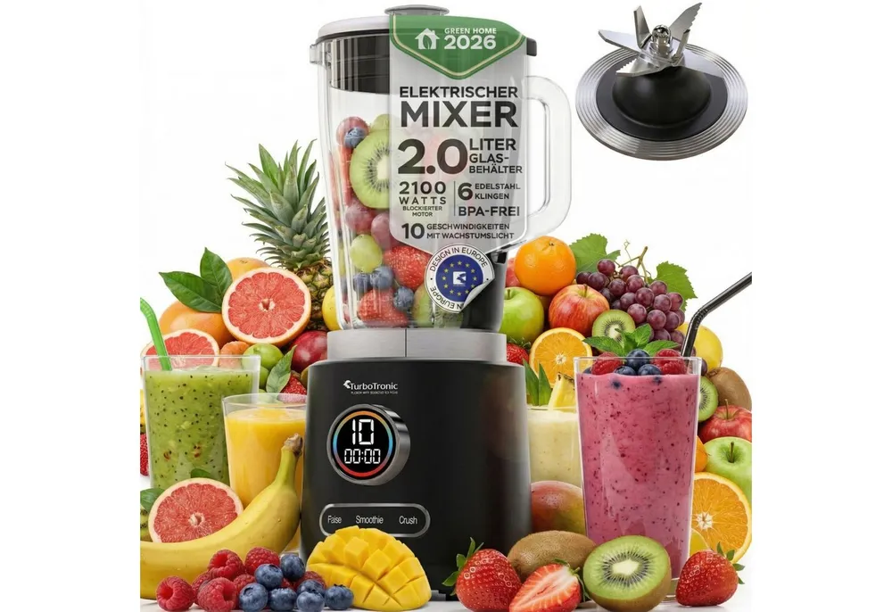 TurboTronic by Z-Line Standmixer Glas Edelstahl 2100 Watt Smoothie Maker Ice Crusher Profi Mixer 2,0L, 2100 W, Maker Ice Crush Funktion Milchshaker Blender Glas BPA FREI
