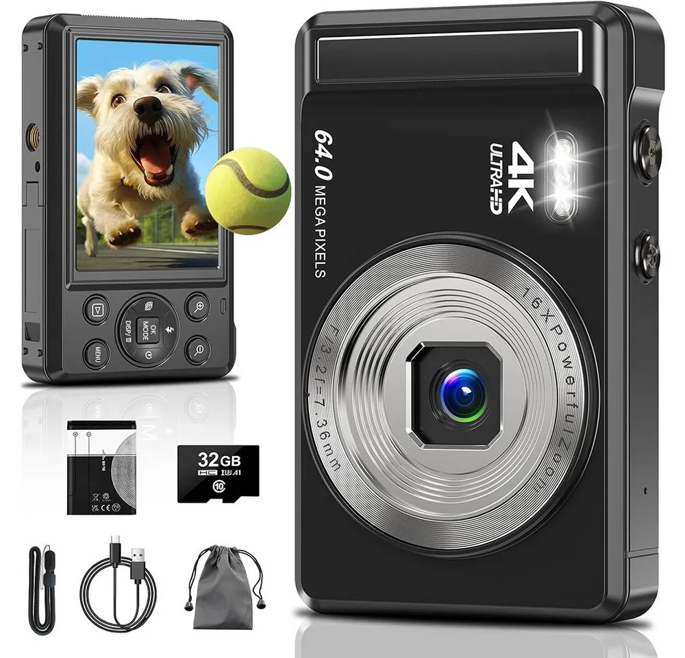 TUWENA 4K 64MP Digitalkamera mit 32 GB TF-Karte, Autofokus Fotoapparat Vollformat-Digitalkamera (mit 16X Digitalzoom Tragbar Kompaktkamera mit 1200mAh Batterie)