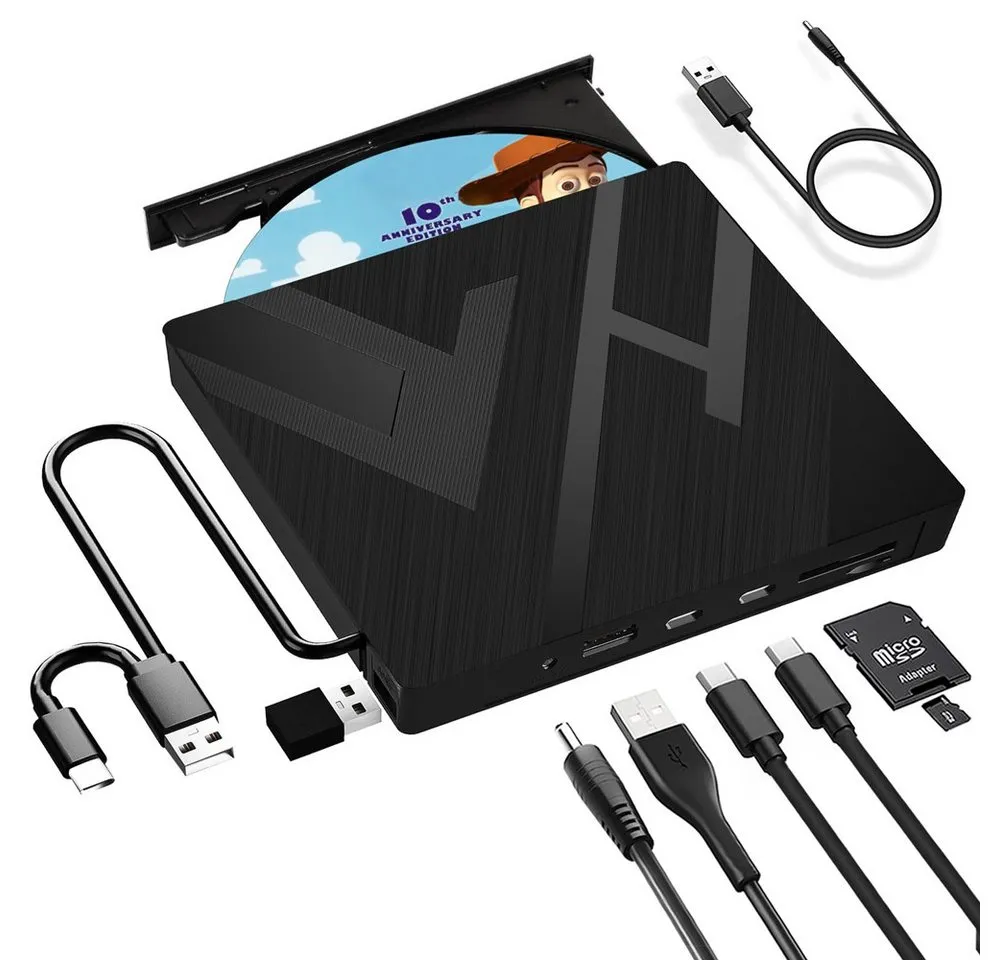 TUWENA Externes CD/DVD Laufwerk USB 3.0 Typ-C, mit SD/TF-Kartenleser Portable DVD-Brenner