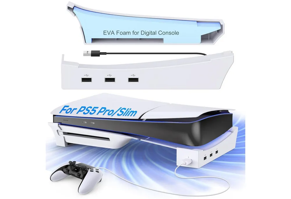 TUWENA Horizontaler Stand für PS5 Pro/Slim mit 4-Port USB Hub, Ladeanschluss PlayStation 5-Controller (Standfuß Zubehör für Playstation 5 Slim Disc & Digital Edition)