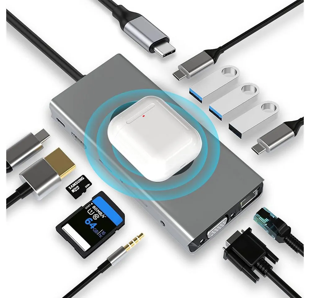 TUWENA Konsolen-Dockingstation HUB Dongle mit kabellosem Laden, 13 in 1 Docking Station Adapter