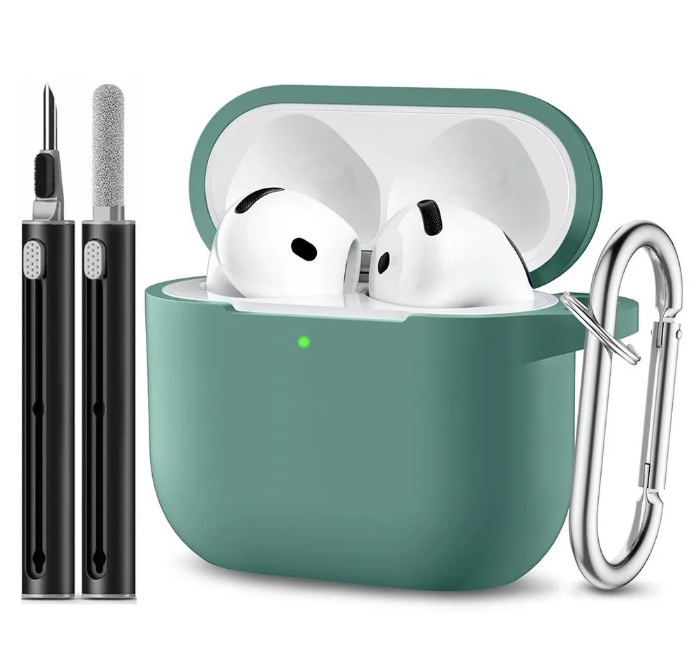 TUWENA Kopfhörer-Schutzhülle Silikon Hülle Kompatibel mit AirPods 4, mit Reinigungsset & Karabiner, Support Wireless Charging and Front LED Visible mit Schlüsselring