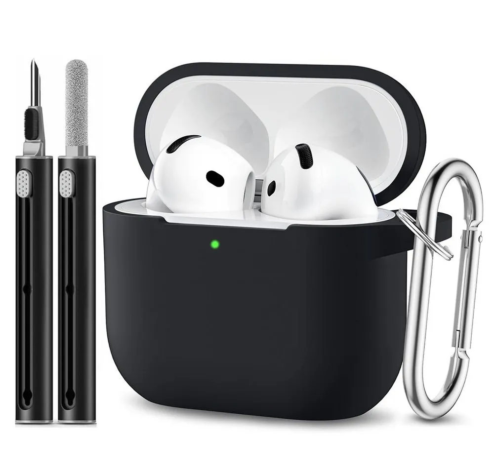 TUWENA Kopfhörer-Schutzhülle Silikon Hülle Kompatibel mit AirPods 4, mit Reinigungsset & Karabiner, Support Wireless Charging and Front LED Visible mit Schlüsselring