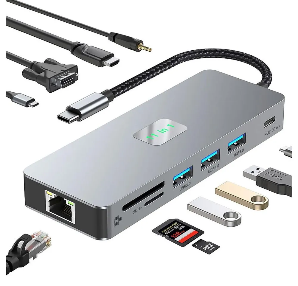 TUWENA Laptop-Dockingstation Docking Station USB C HUB, 11 in 1 Adapter, für MacBook/Laptop/Tablet