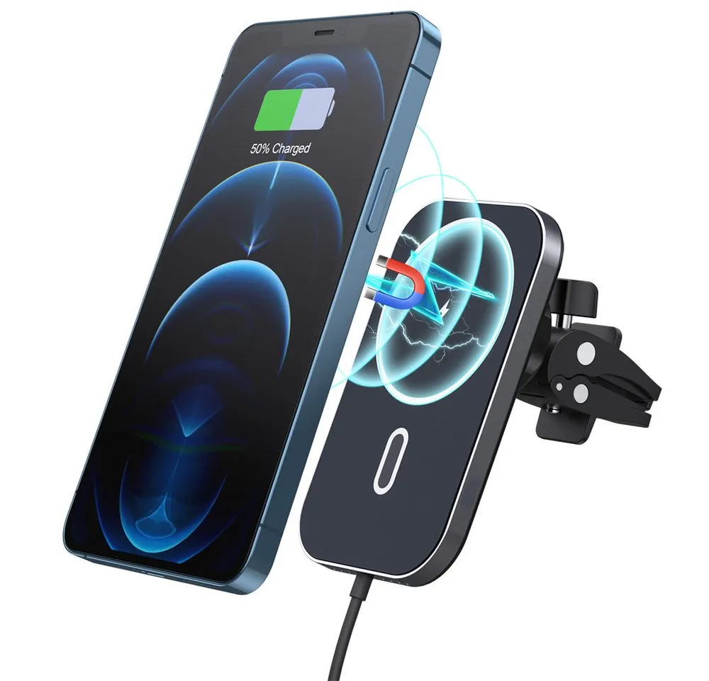 TUWENA Magsafe Ladegerät, Kabelloses Car Charger Handyhalterung Ladestation Induktions-Ladegerät (Wireless Auto Magnet Schnellladegerät für iPhone 16/15/14/13/12 Serie)