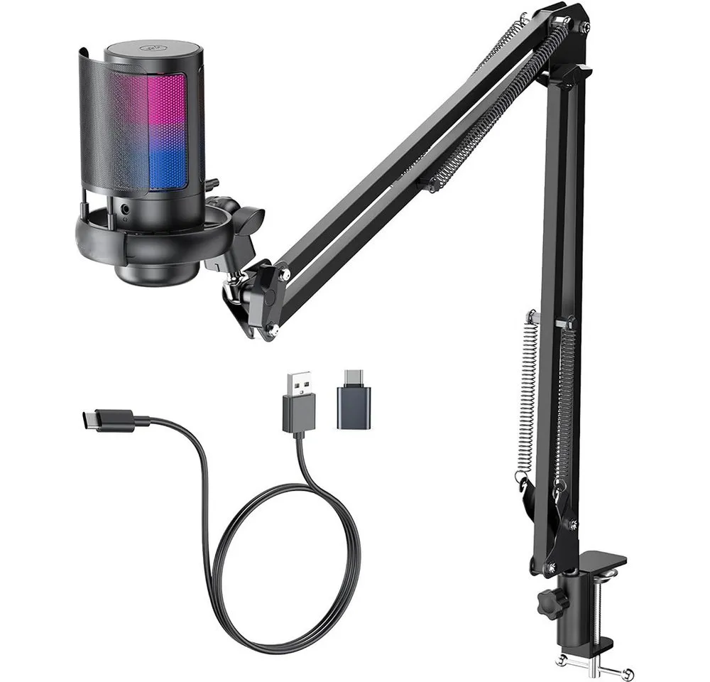 TUWENA Mikrofon Gaming Mikrofon PC RGB mit Arm, USB Microphone mit Kopfhöreranschluss, Für Streaming Podcast Studio, USB Microphone für PS4 PS5 Mac