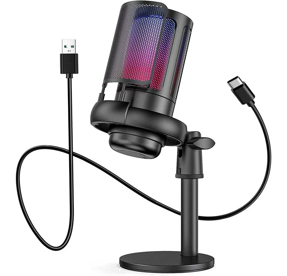 TUWENA Mikrofon Gaming Mikrofon PC RGB, USB Microphone Kit mit 3,5mm-Kopfhörerbuchse, USB Microphone für Streaming Podcast Studio, Ein-Klick-Stummschaltung