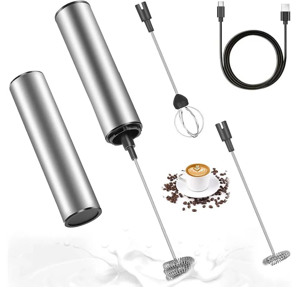 TUWENA Milchaufschäumer Elektrischer Milchaufschäumer USB, Edelstahl Handmixer mit 3 Aufsätzen, Mixer Edelstahl für Kaffee, Creme, Cappuccino, Latte, Cocktails, Saft
