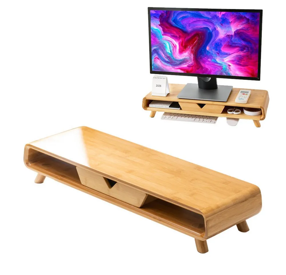 TUWENA Monitor-Halterung Bambus Monitorständer Keine Montage PC Erhöhung Mit Schublade, (Bildschirmerhöhung für Schreibtisch & Büro, 11,5 x 61,5 x 20 cm, Natur)