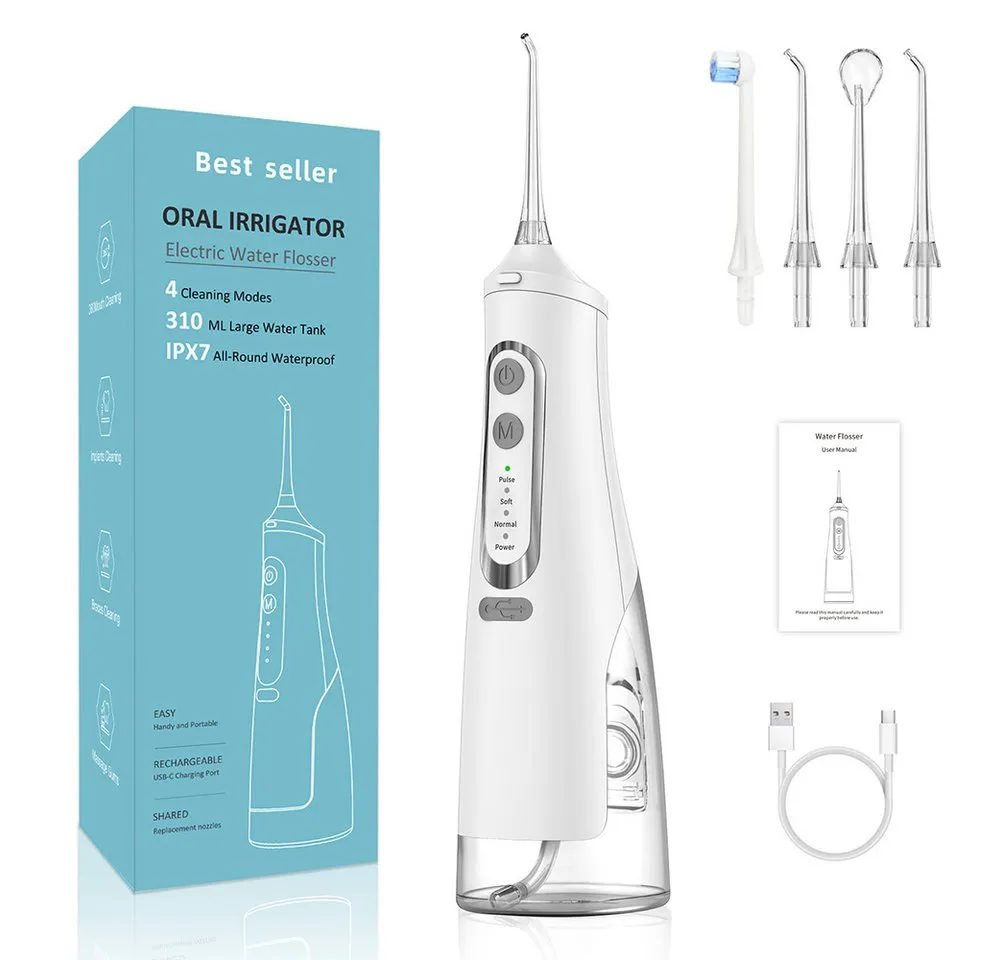 TUWENA Munddusche Leistungsstarke Munddusche Elektrischer Zahnreiniger 4 Modi & 4 Düsen, Wasser Flosser IPX7 Wasserdicht 310ML Abnehmbarer Wassertank