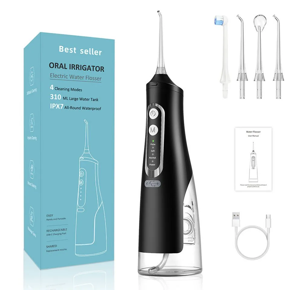 TUWENA Munddusche Leistungsstarke Munddusche Elektrischer Zahnreiniger 4 Modi & 4 Düsen, Wasser Flosser IPX7 Wasserdicht 310ML Abnehmbarer Wassertank