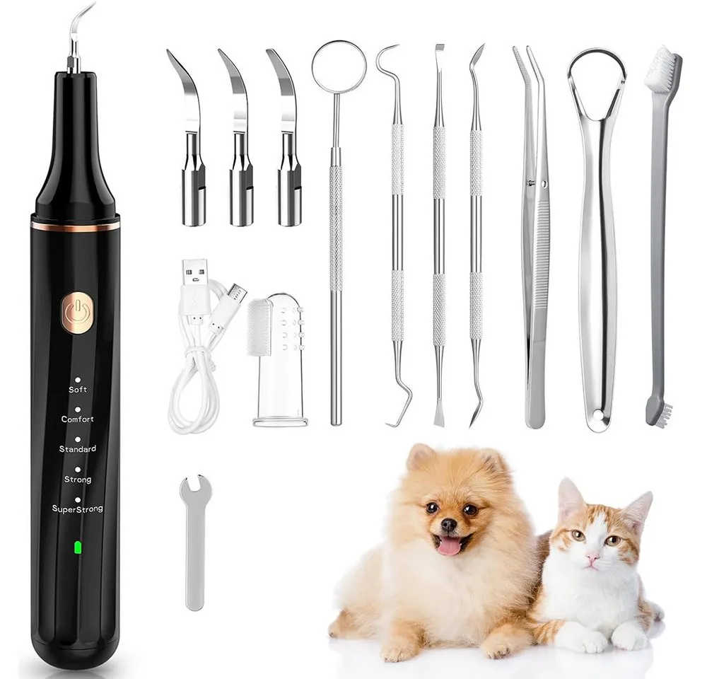 TUWENA Mundpflegecenter Zahnreiniger Ultraschall für Hund und Katze, Zahnpflege Set, mit LED, 5 Modi, 4 Reinigungsköpfe, 1 Mundspiegel, 1 Pinzette, 1 Zungenschaber